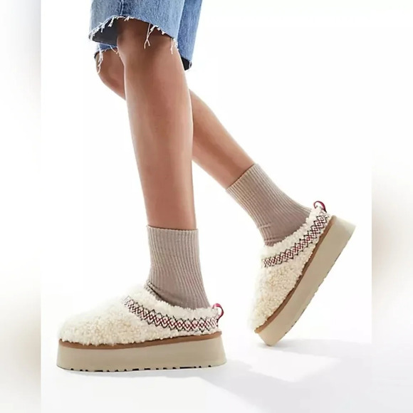 Platform embroidered braided Sherpa slip-on mules shoes ivory cream size 6 Boho - Picture 5 of 11